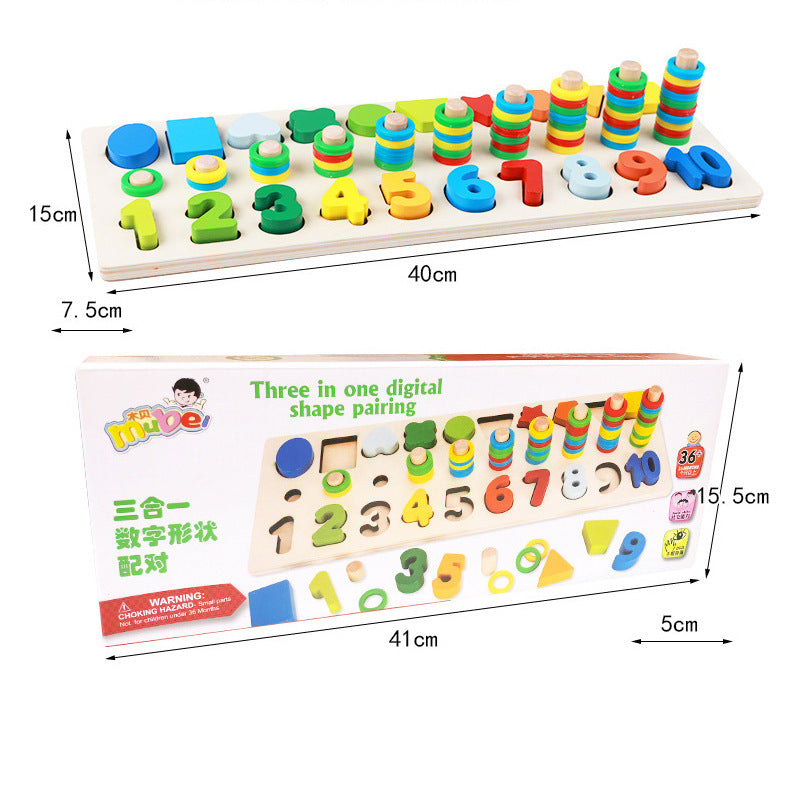 Jouets en bois Montessori 3 en 1 pour l'apprentissage précoce des formes géométriques et des nombres