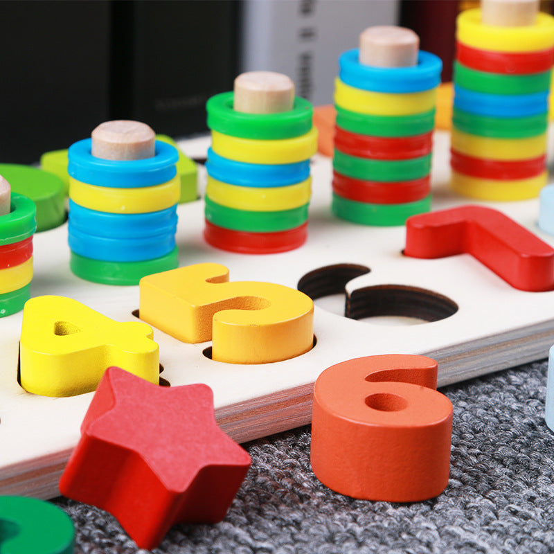 Jouets en bois Montessori 3 en 1 pour l'apprentissage précoce des formes géométriques et des nombres