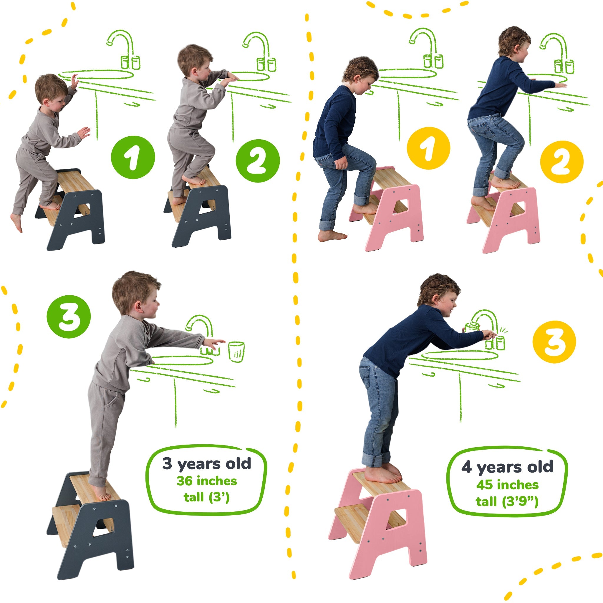 Tabouret en bois à 2 marches pour enfants