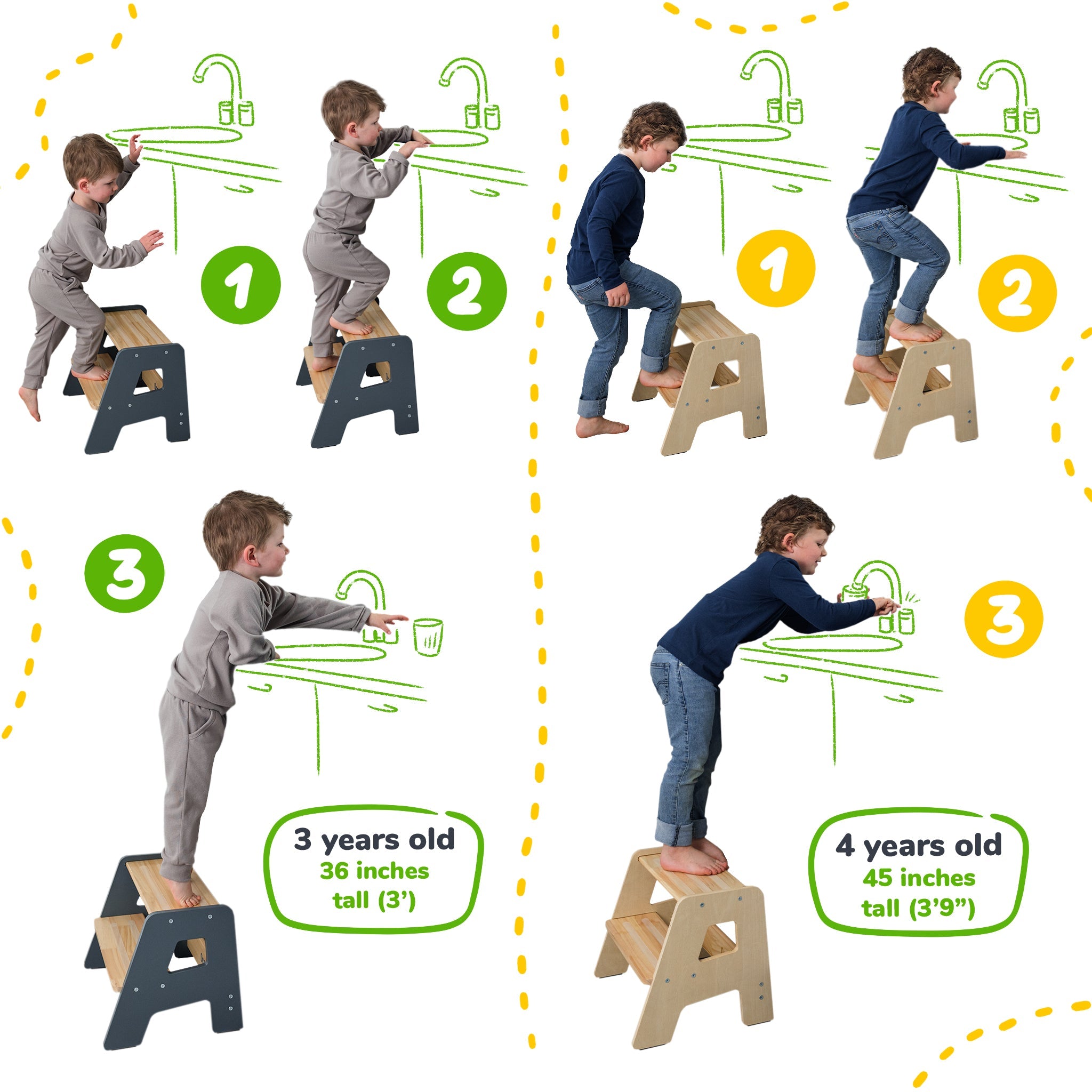 Tabouret en bois à 2 marches pour enfants