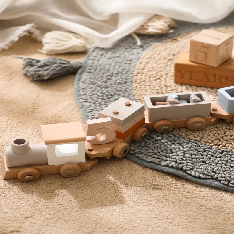Juguete de cumpleaños de tren de madera Montessori para bebés