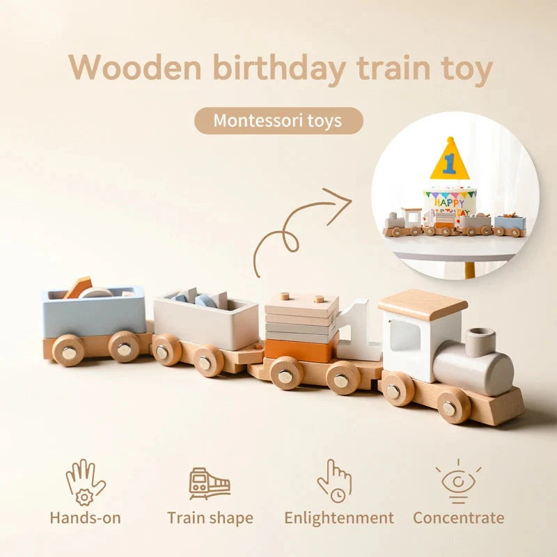 Juguete de cumpleaños de tren de madera Montessori para bebés