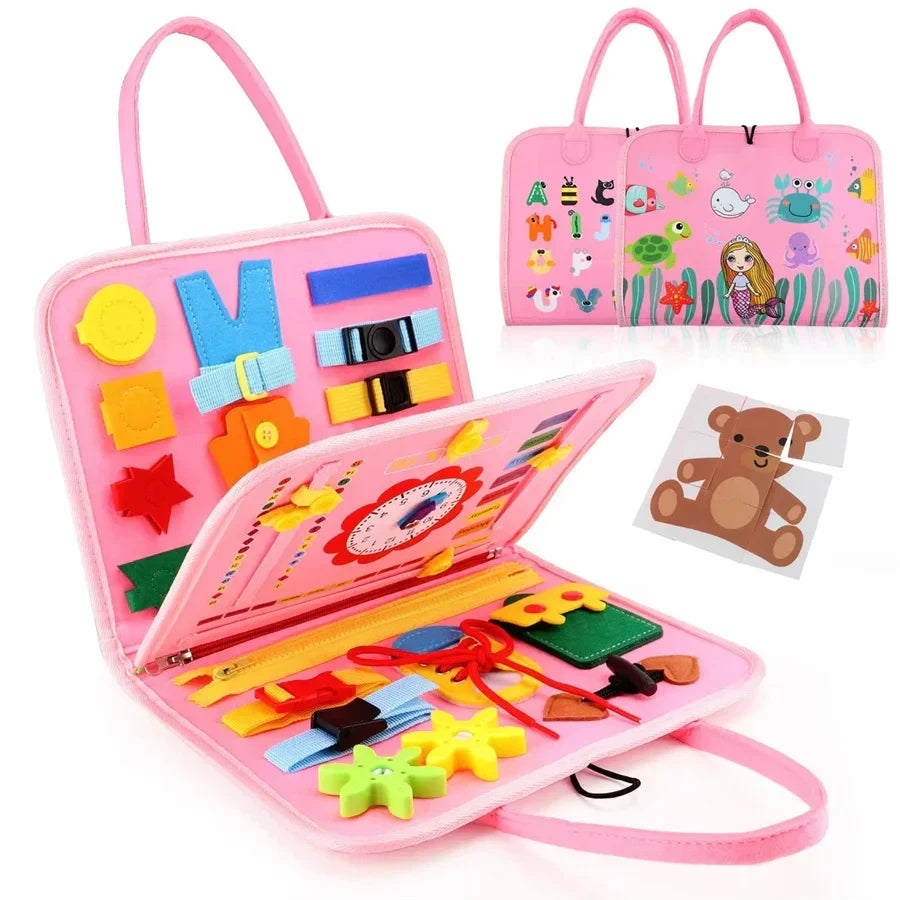 Juguete sensorial Montessori Busy Board – Tablero educativo de actividades para viajar
