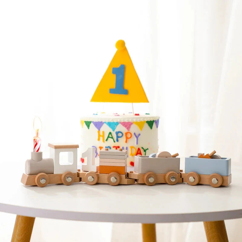 Juguete de cumpleaños de tren de madera Montessori para bebés