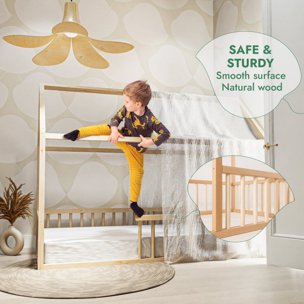 Lit cabane Montessori pour enfant avec barrière de sécurité, taille double