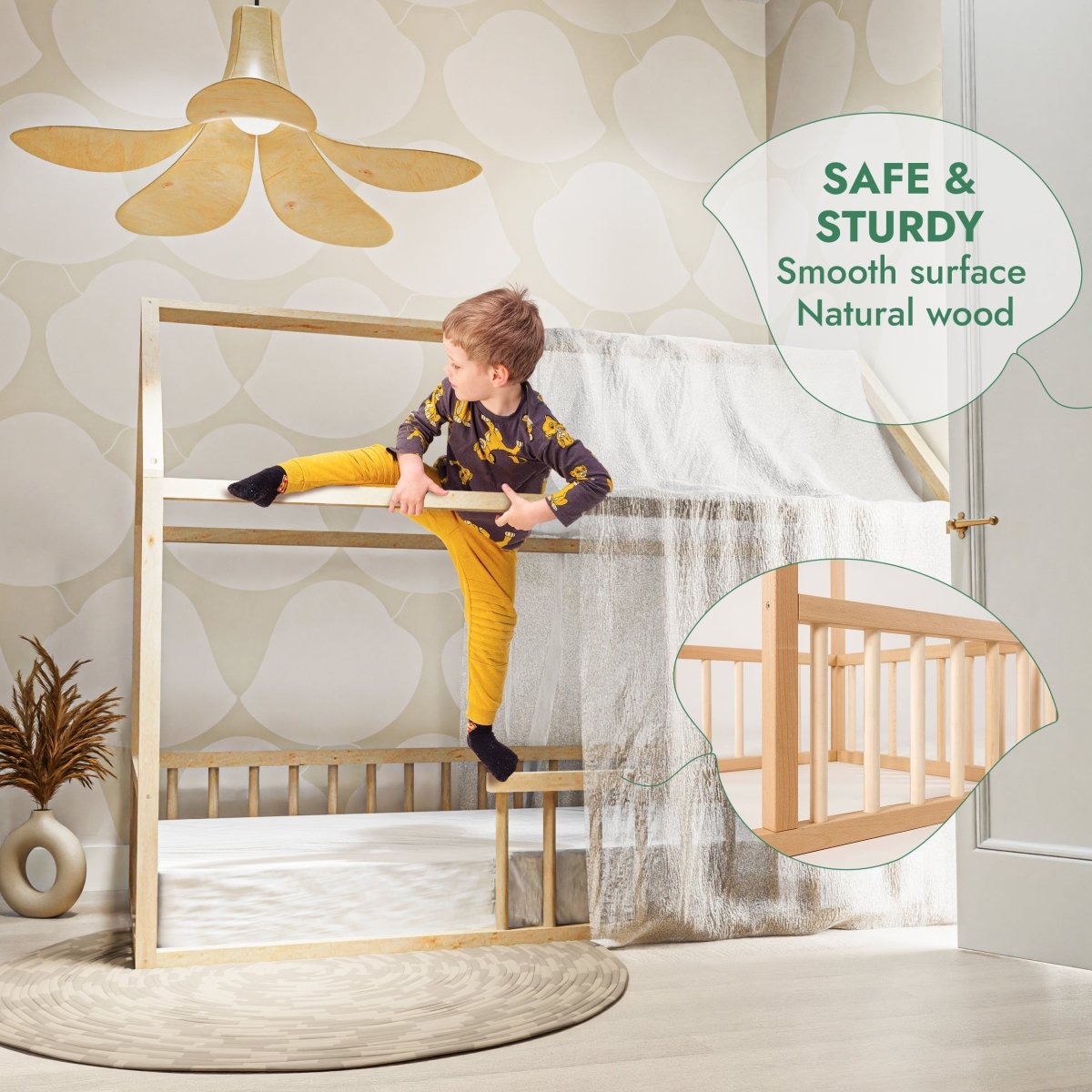 Lit cabane Montessori pour enfant avec barrière de sécurité, taille double