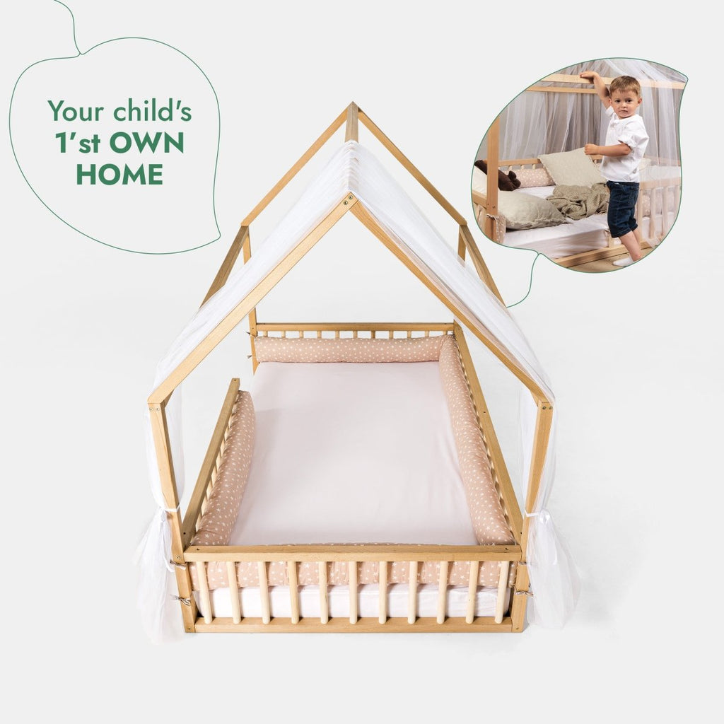 Lit cabane Montessori pour enfant avec barrière de sécurité, taille double