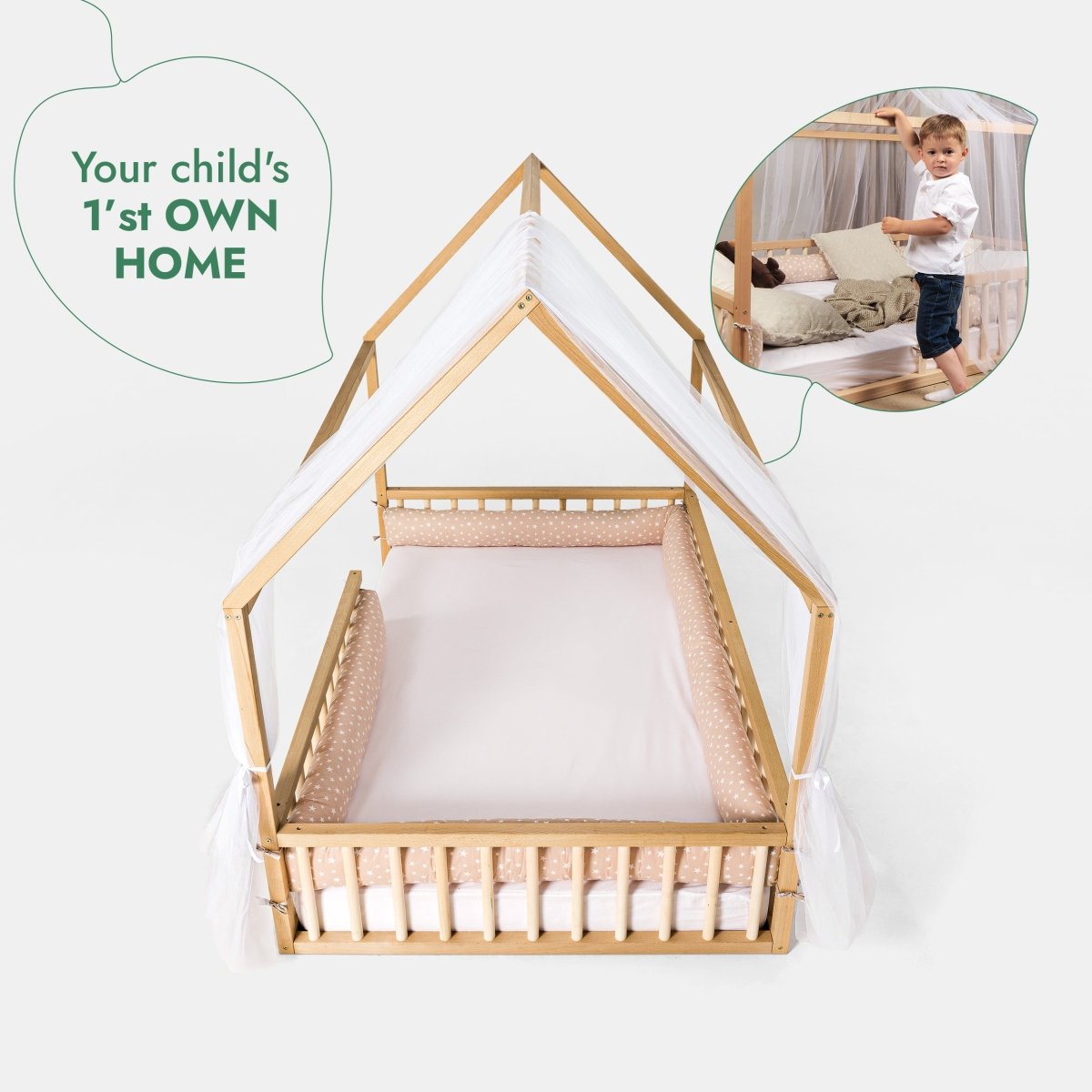 Lit cabane Montessori pour enfant avec barrière de sécurité, taille double