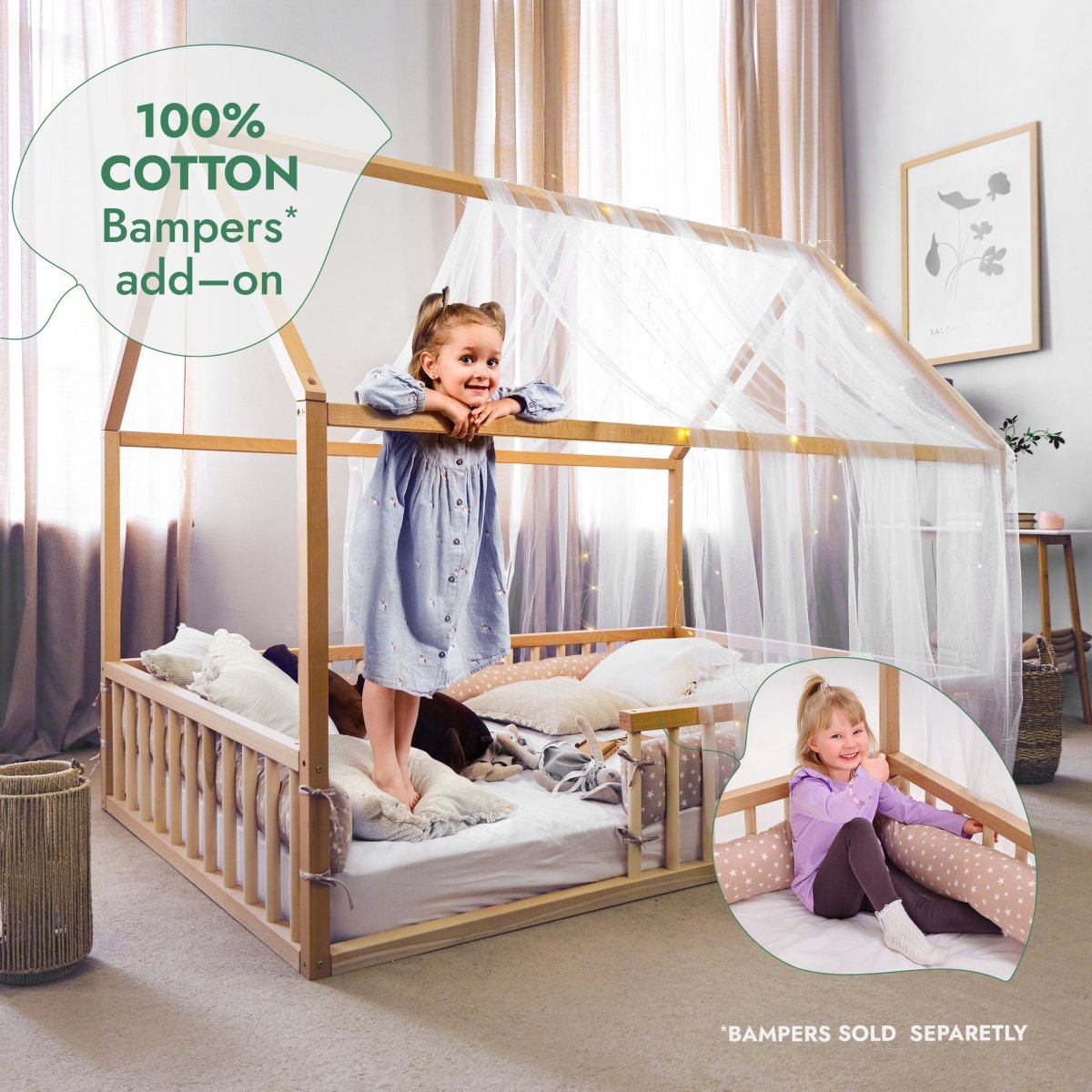 Cama infantil estilo casa Montessori, tamaño individual, con valla