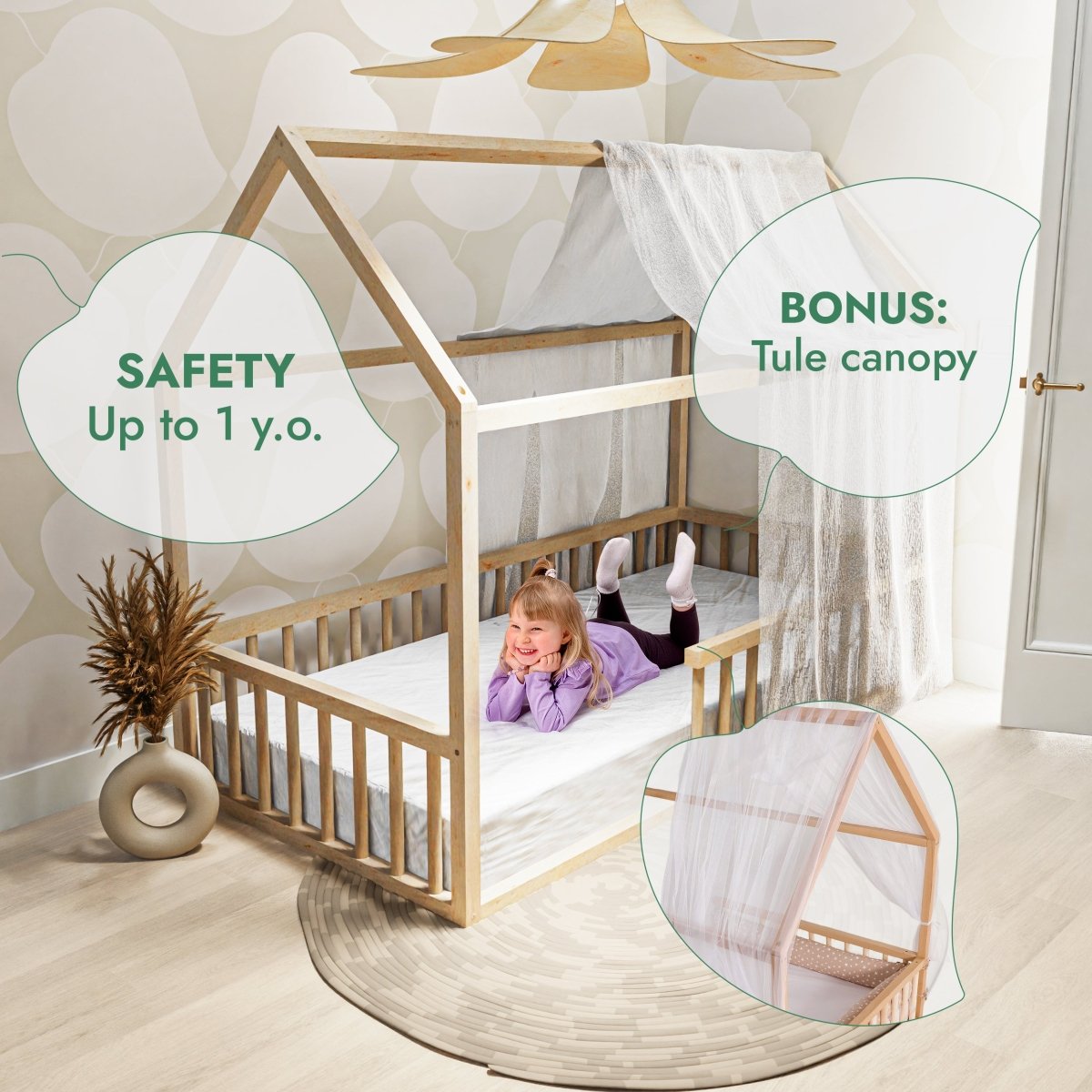 Lit cabane Montessori pour enfant avec barrière de sécurité, taille double