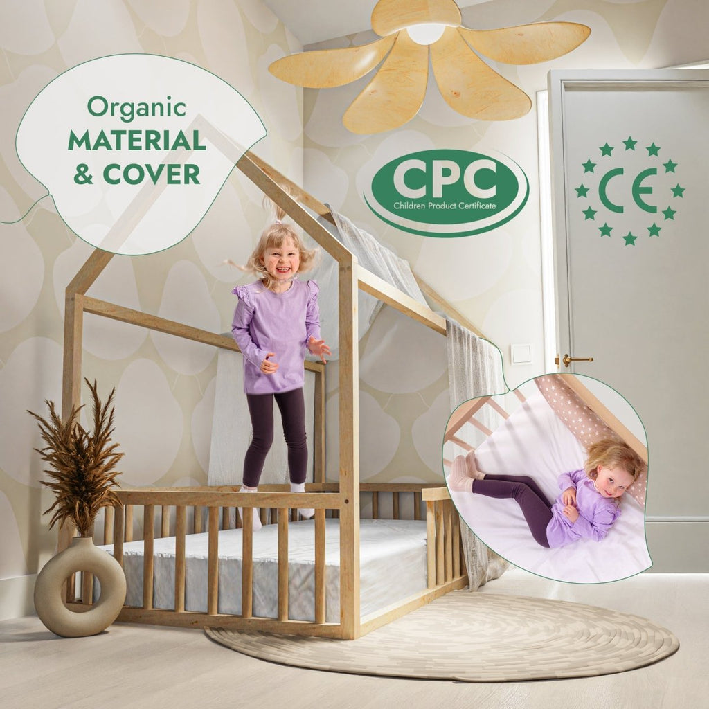 Lit cabane Montessori pour enfant avec barrière de sécurité, taille double