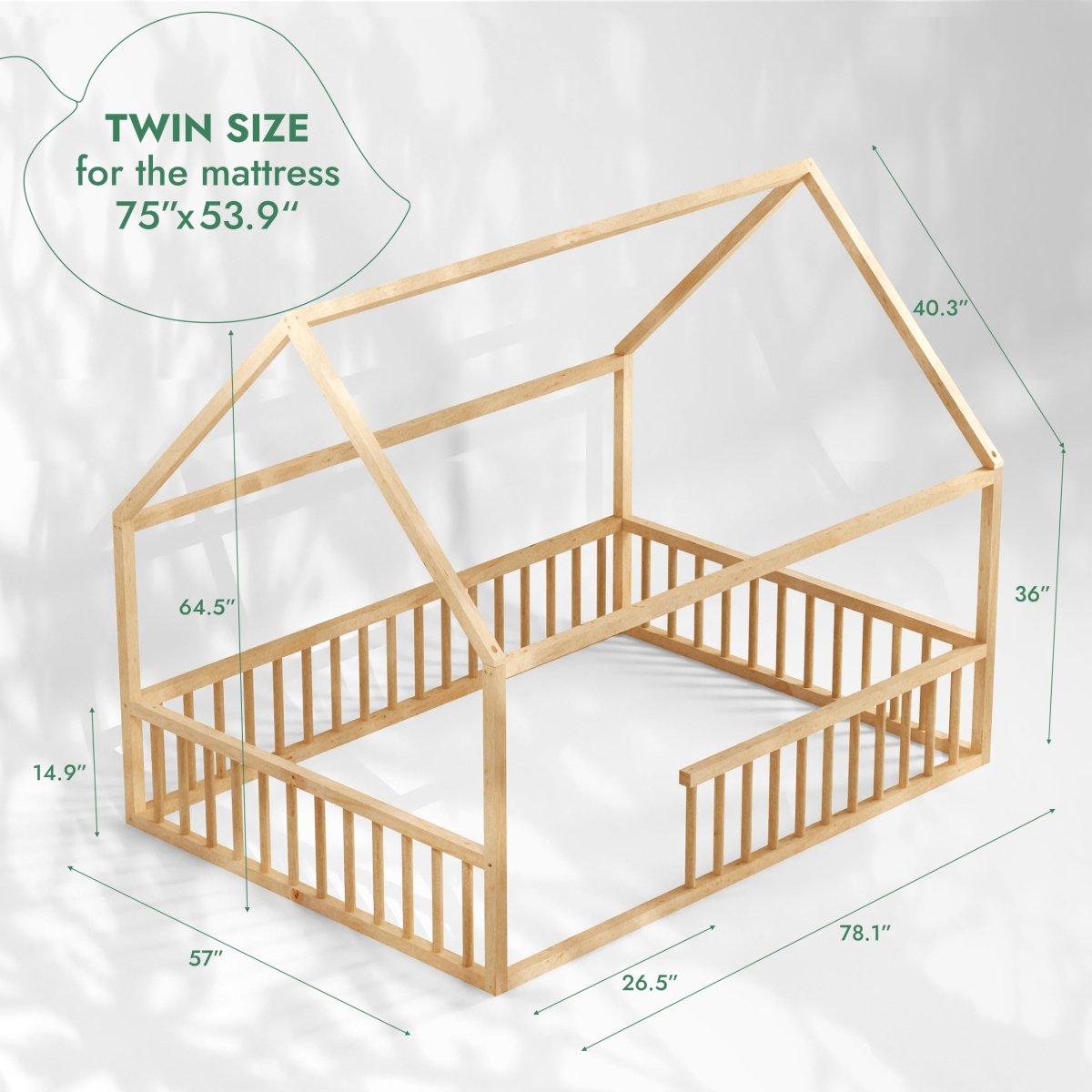 Lit cabane Montessori pour enfant avec barrière de sécurité, taille double