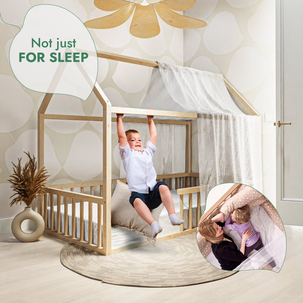 Lit cabane Montessori pour enfant avec barrière de sécurité, taille double
