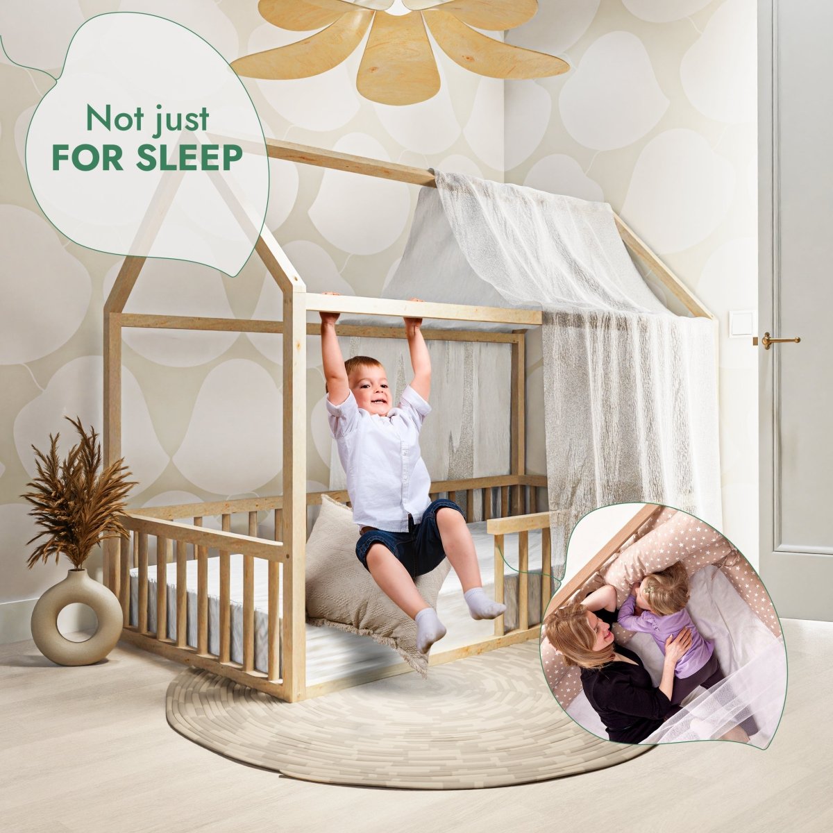 Lit cabane Montessori pour enfant avec barrière de sécurité, taille double