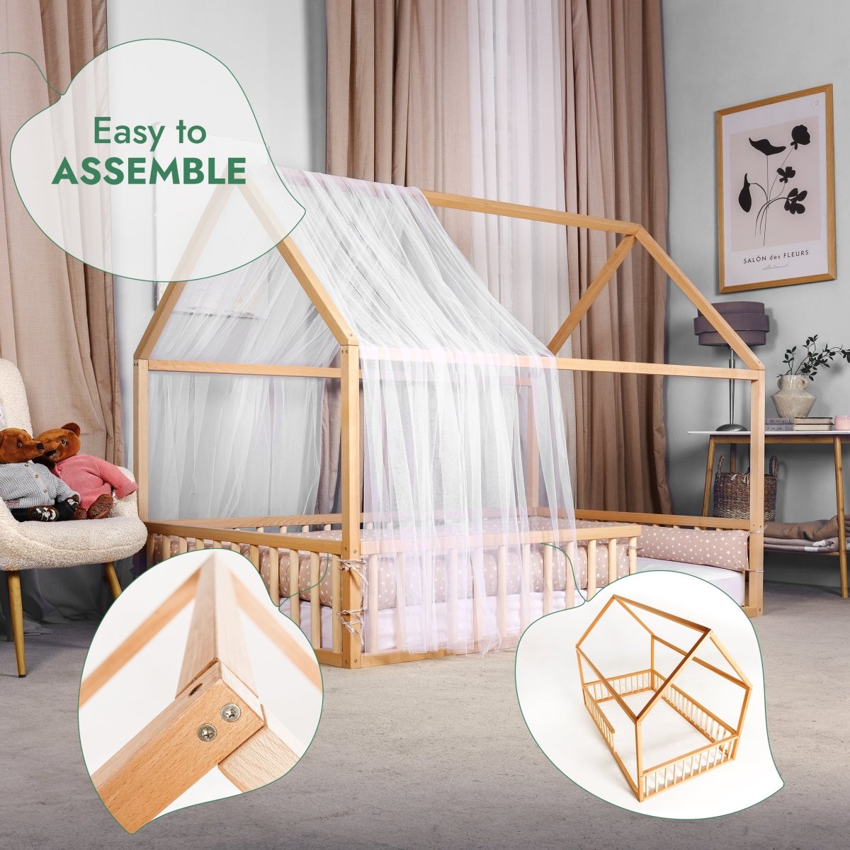 Lit cabane Montessori pour enfant avec barrière de sécurité, taille double